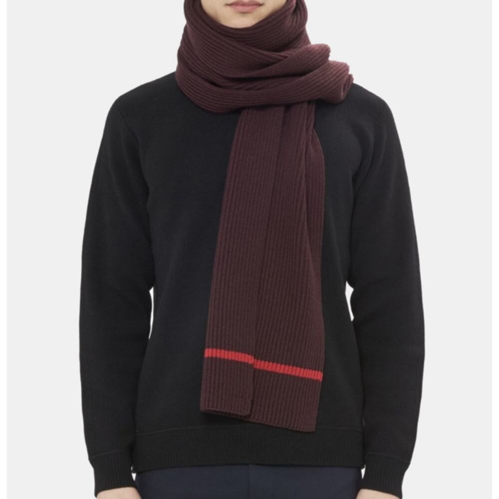 Theory NEW Originally $195 Wendel Ribbed Merino Wool Stripe Trim Scarf Burgundy